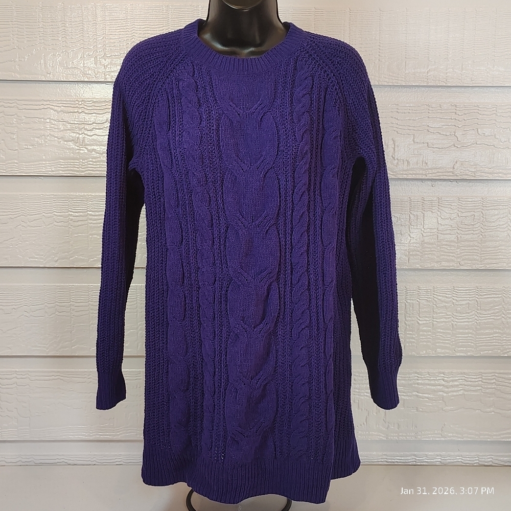 J. Jill Chenille Sweater Womens Small Purple Cable Knit Pullover Fisherman Style